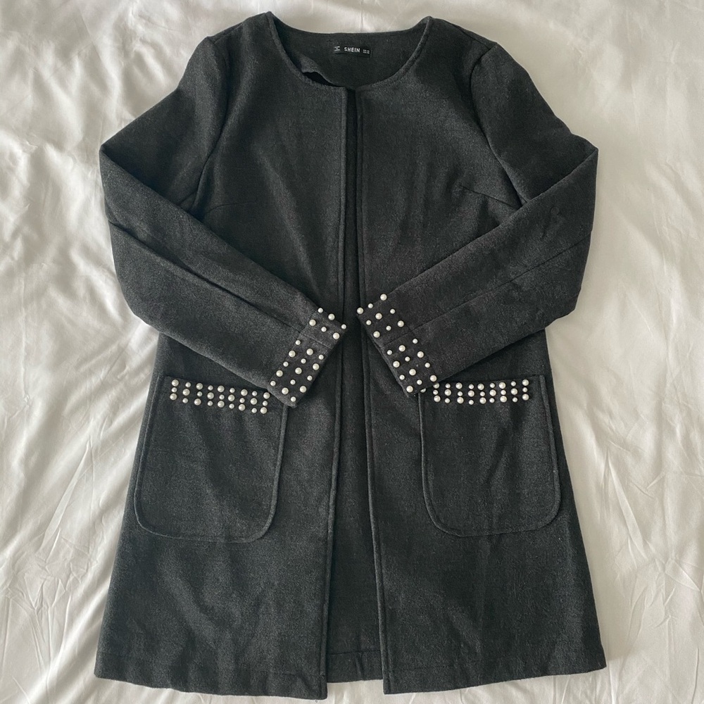 Grey Open Placket Coat With Pearl Beaded Detail